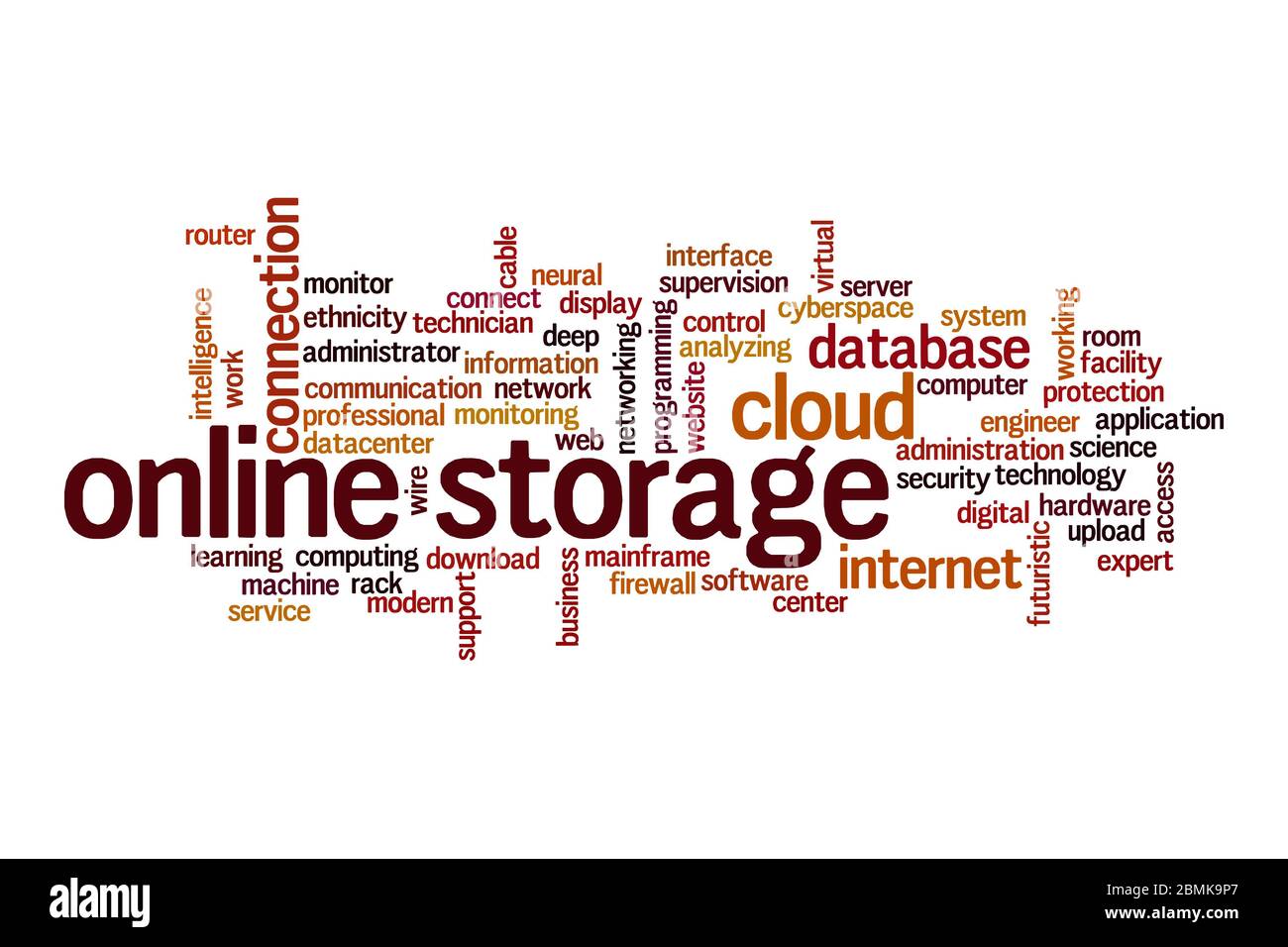 Online-Speicherung Wort Cloud Konzept auf weißem Hintergrund Stockfoto