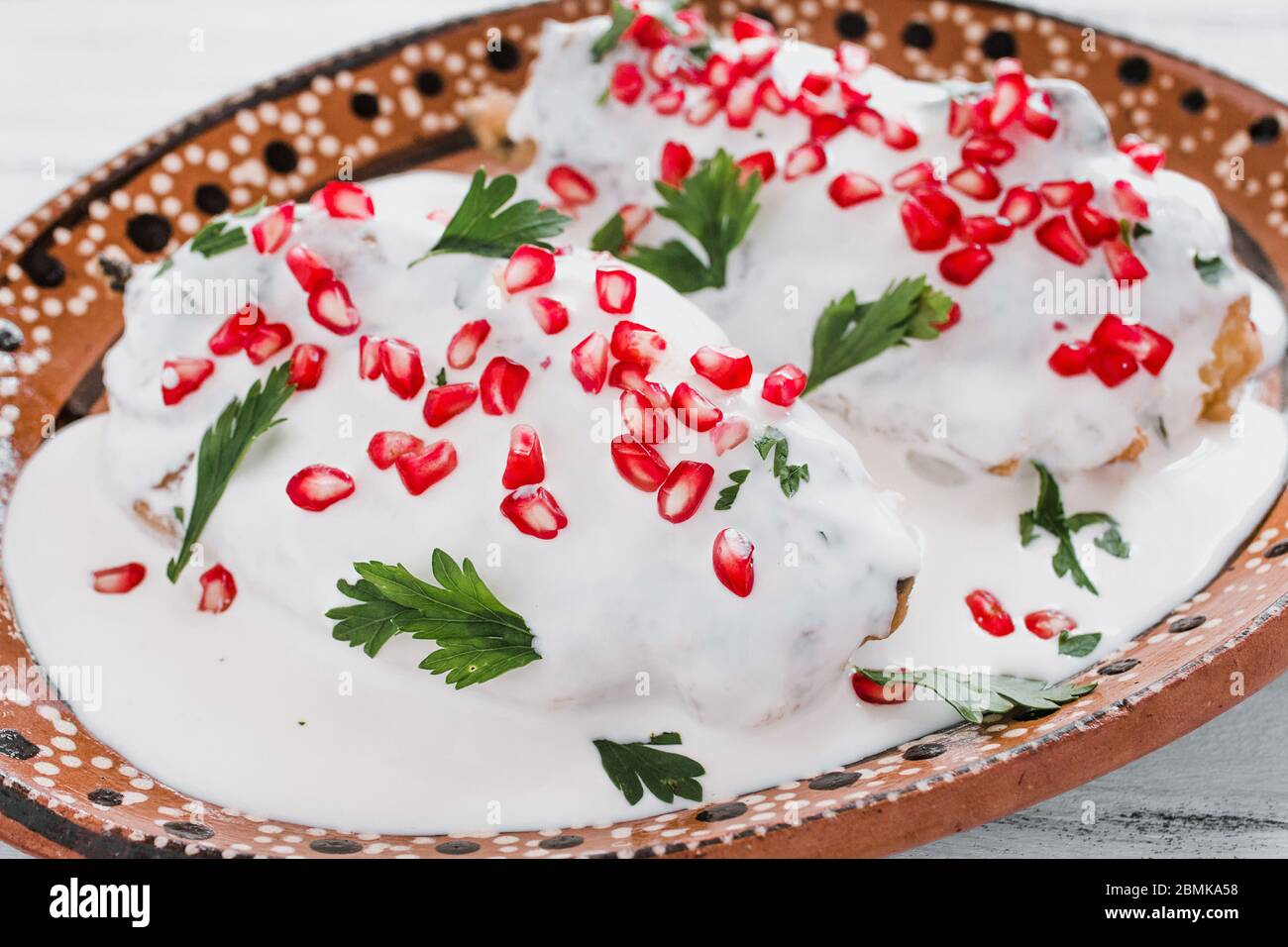Chiles en Nogada mexikanische Küche würzige Speisen in Puebla Mexiko Stockfoto