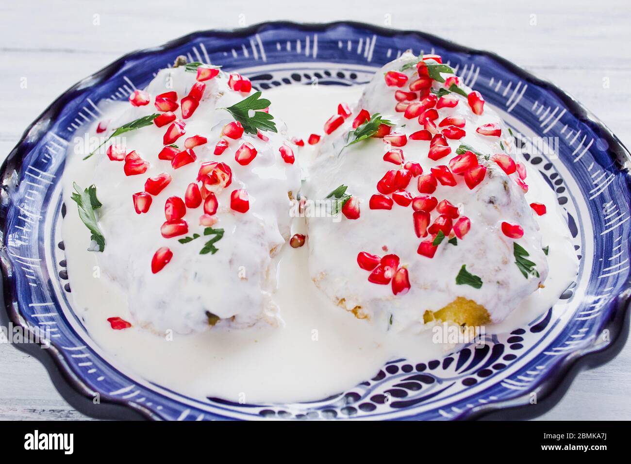 Chiles en Nogada mexikanische Küche würzige Speisen in Puebla Mexiko Stockfoto
