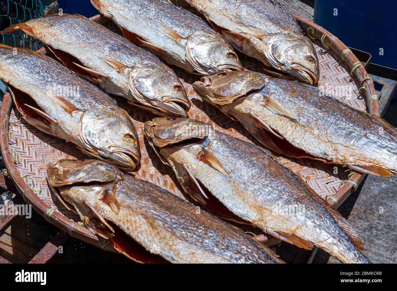 Kleine Fische werden auf einem Schilfkorb im traditionellen chinesischen Stil getrocknet Stockfoto