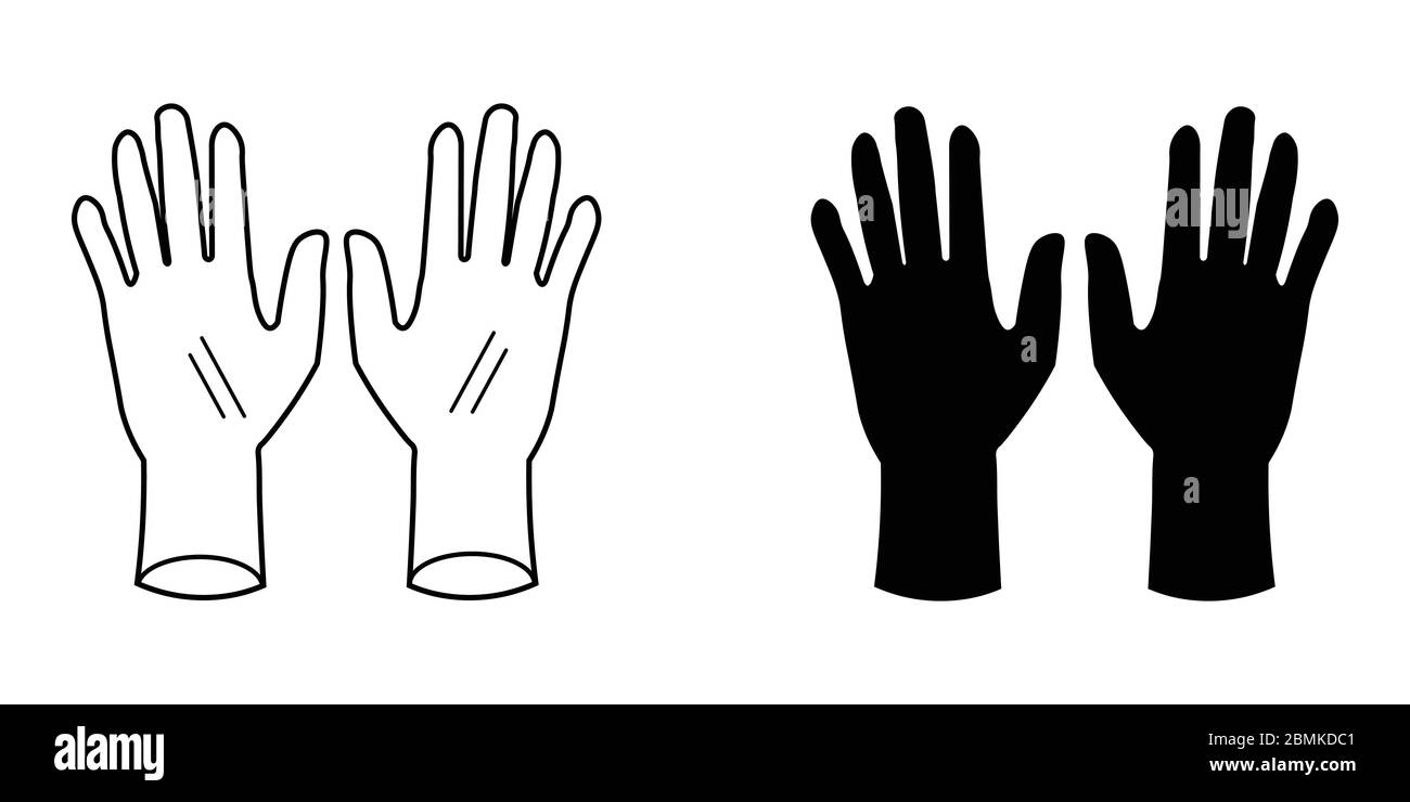 Handschuhe Set. Zwei schwarze Silhouette- und Umrisshandschuhe. PSA für Covid-19. EPS-Vektorsymbol Stock Vektor