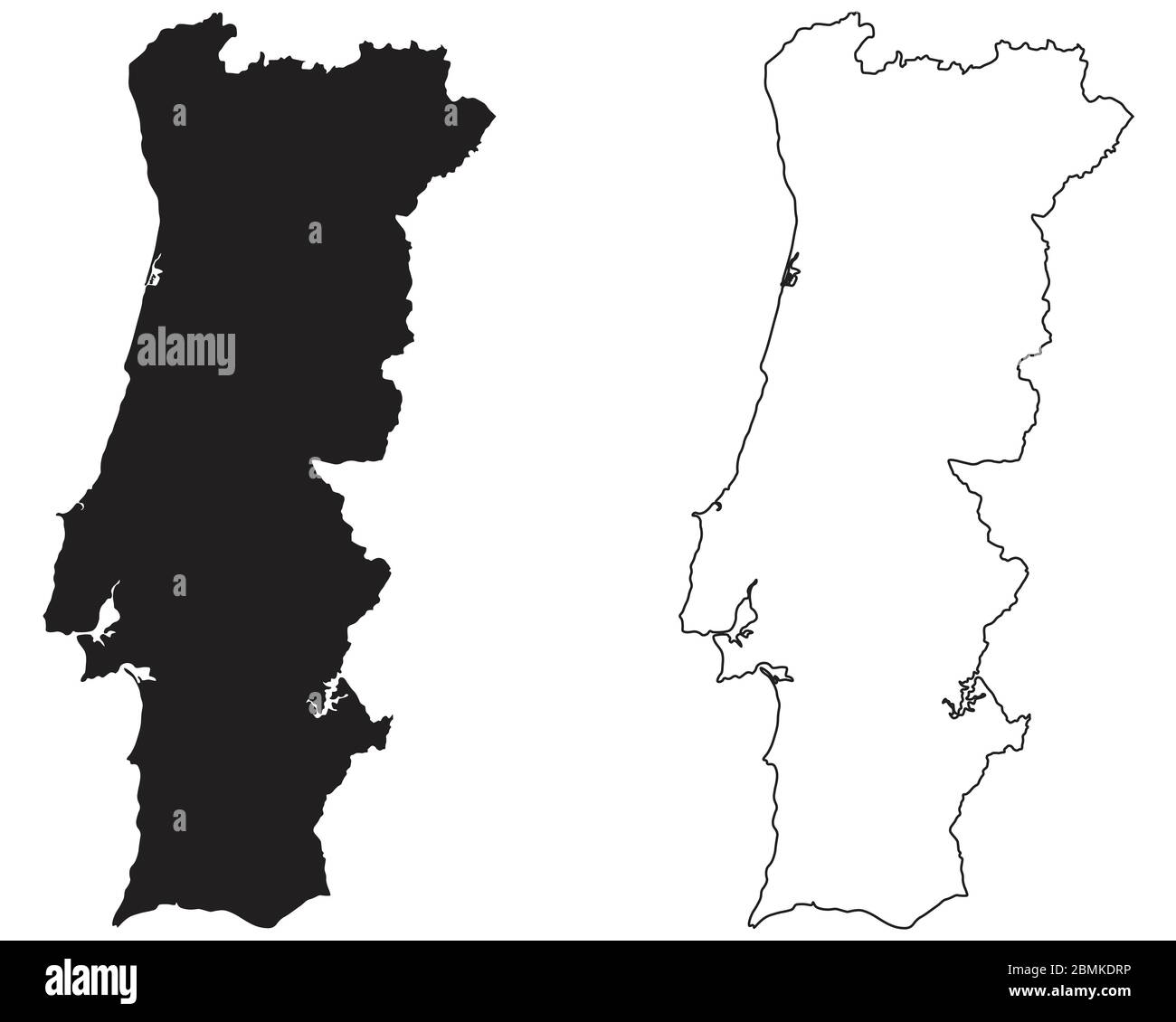 Länderkarte Portugal. Schwarze Silhouette und Umriss isoliert auf weißem Hintergrund. EPS-Vektor Stock Vektor