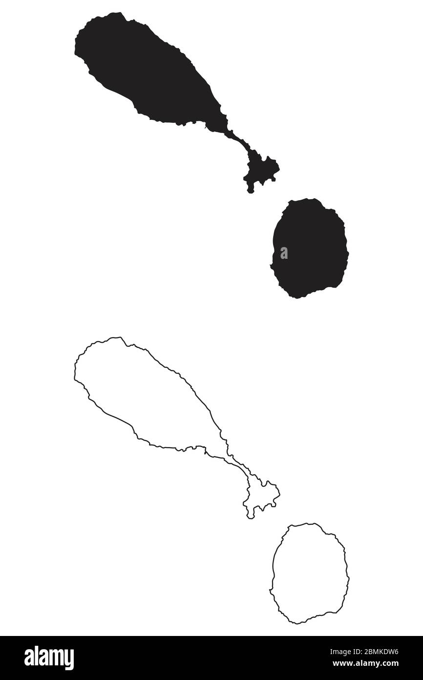 Saint Kitts und Nevis Landkarte. Schwarze Silhouette und Umriss isoliert auf weißem Hintergrund. EPS-Vektor Stock Vektor