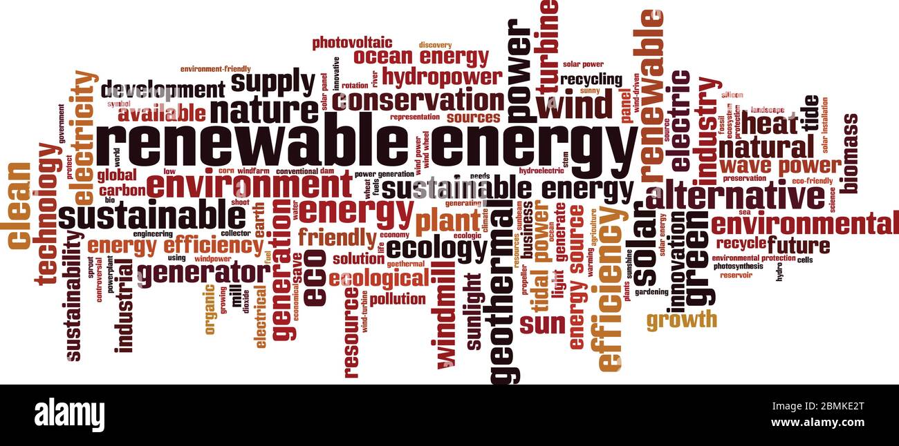 Cloud-Konzept für erneuerbare Energien. Collage aus Worten über erneuerbare Energien. Vektorgrafik Stock Vektor