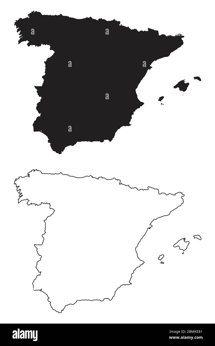 Spanien – Länderkarte. Schwarze Silhouette und Umriss isoliert auf weißem Hintergrund. EPS-Vektor Stock Vektor