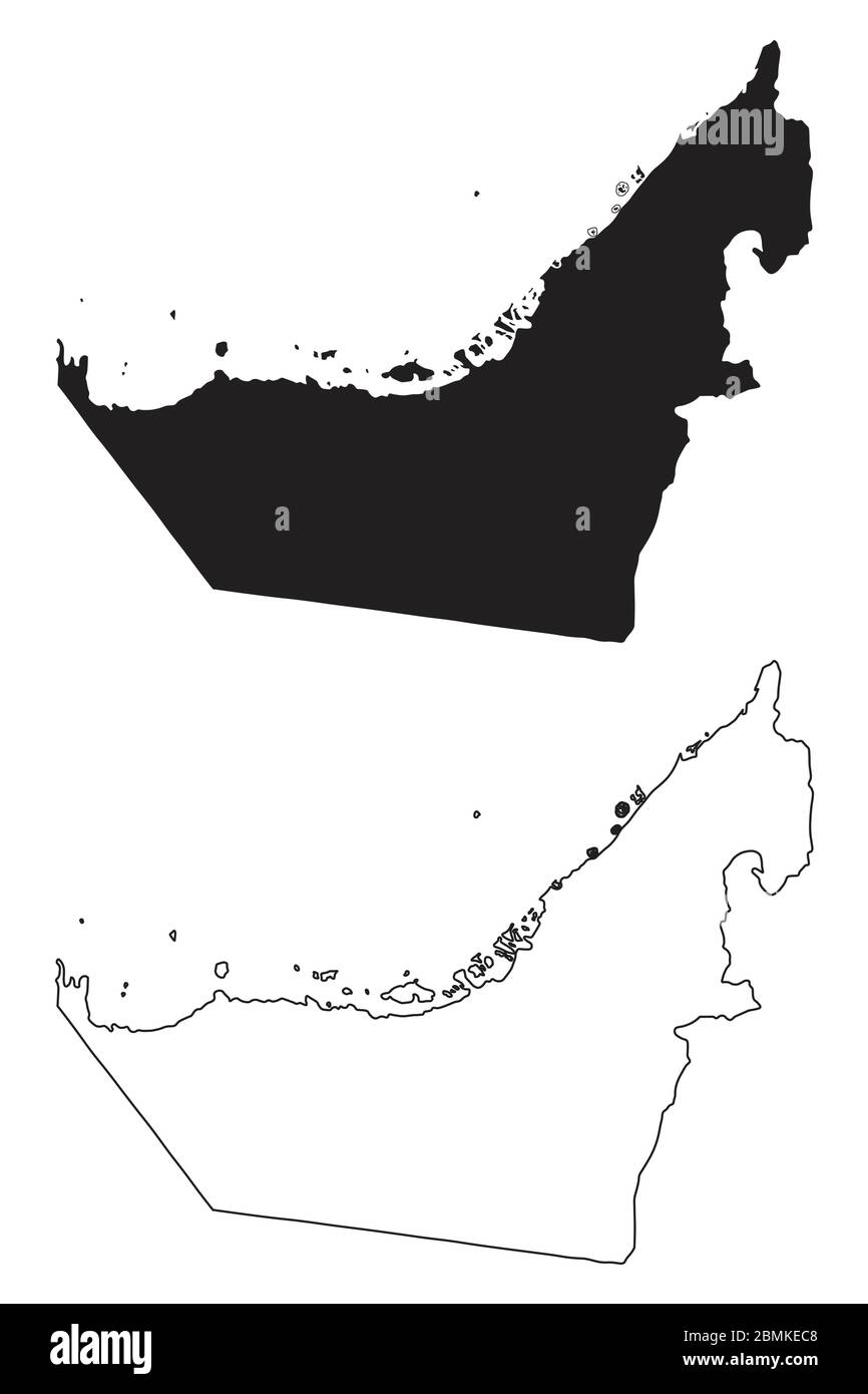 Vereinigte Arabische Emirate, VAE, Emirate Länderkarte. Schwarze Silhouette und Umriss isoliert auf weißem Hintergrund. EPS-Vektor Stock Vektor