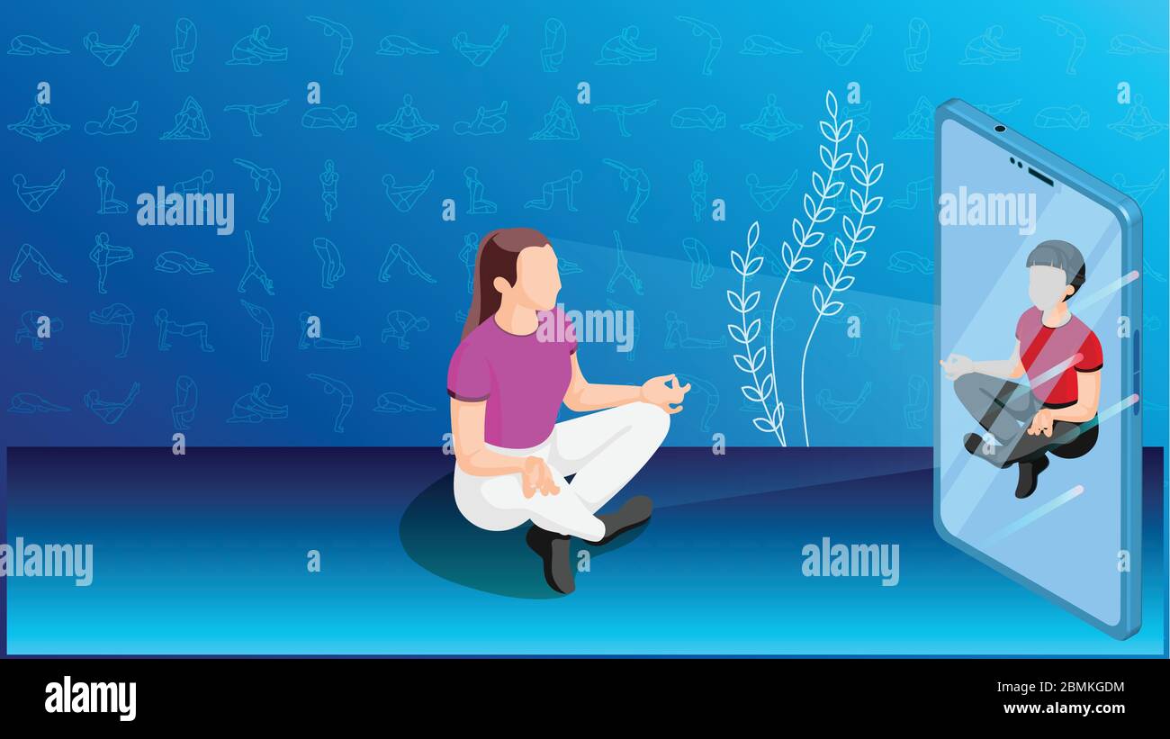 Online Yoga und Meditation beginnen mit Smartphone. Yoga-Training mit dem Handy und Laptop mit einem professionellen Trainer lernen. Vektordarstellung von Online m Stock Vektor