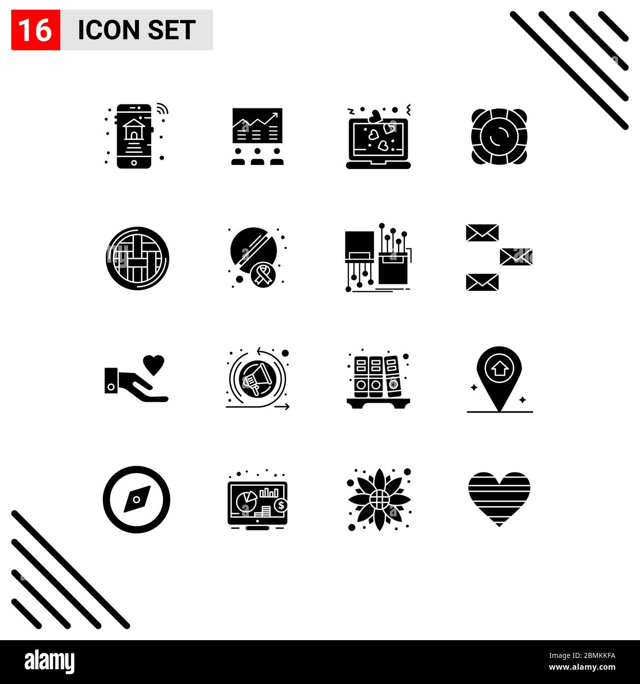 Piktogramm Set von 16 einfachen Solid Glyphen der Unterstützung, Schutz, Bemühungen, Romantik, Laptop editierbar Vektor Design-Elemente Stock Vektor