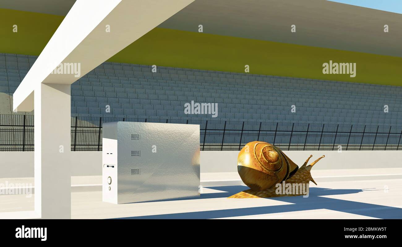 Langsamer Computer und Schnecke in Rennbahn 3d Rendering Stockfoto