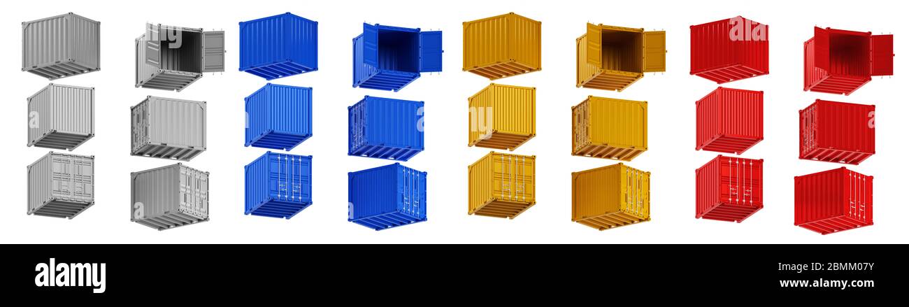 Ein hochwertiges Bild von 10ft Versandcontainern auf weißem Hintergrund mit Beschneidungspfad. Set zehn Fuß Seeschifffahrt Container 3d-Rendern Stockfoto
