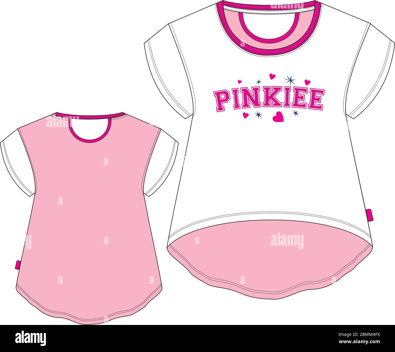 Mädchen T-Shirt pinkiee technische Skizze Vorlage Stock Vektor