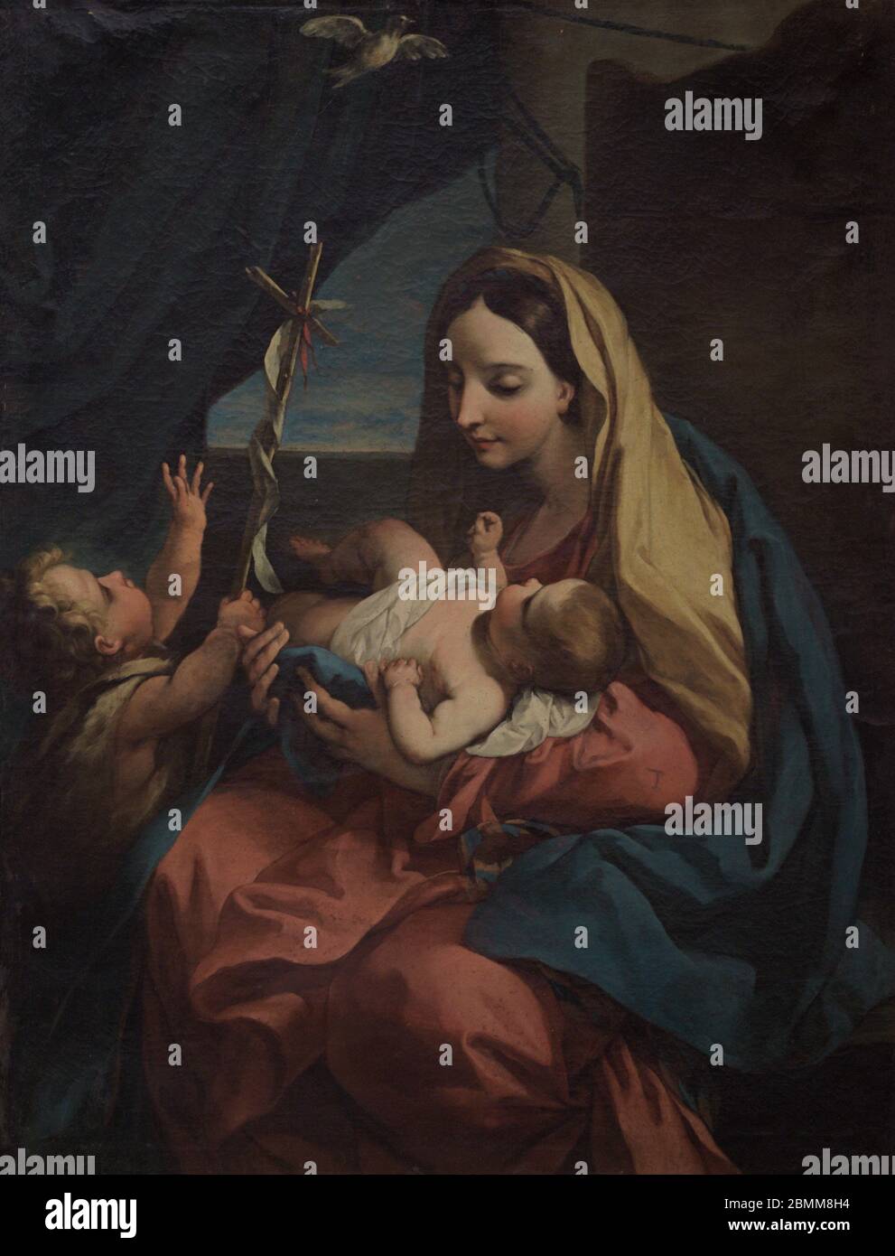 Carlo Maratta (1625-1713). Italienischer Barockmaler. Madonna mit Kind und St. Johannes. Öl auf Leinwand. Die sitzende Madonna hält Jesuskind in den Armen, mit dem kleinen Heiligen Johannes dem Täufer in der Nähe. Nationalmuseum der Schönen Künste Valletta. Malta. Stockfoto