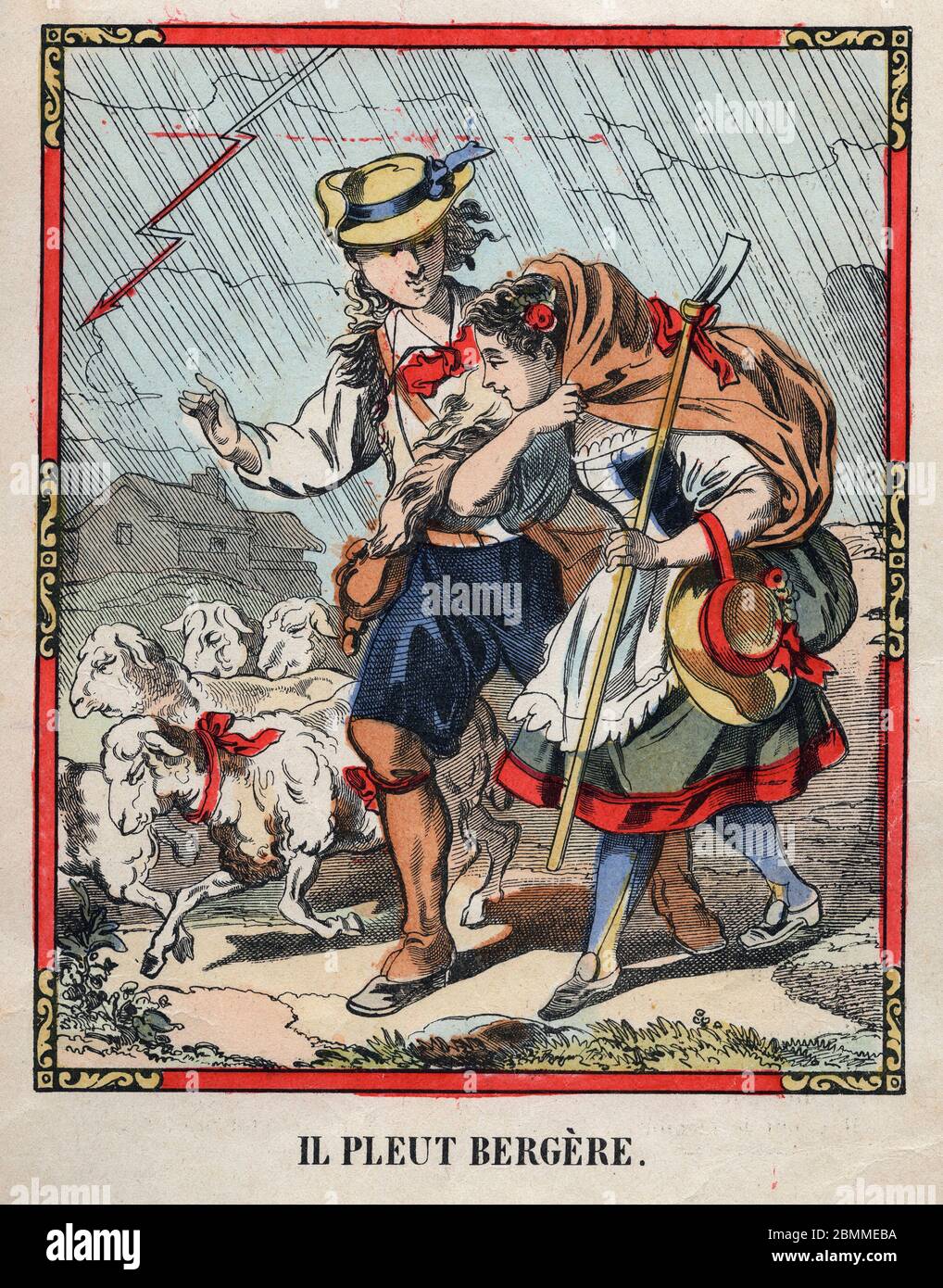 Illustration Anonyme de la chanson populaire (comptine pour enfant) 'Il pleut bergere' representant un berger abritant une jeune bergere sous la pluie Stockfoto