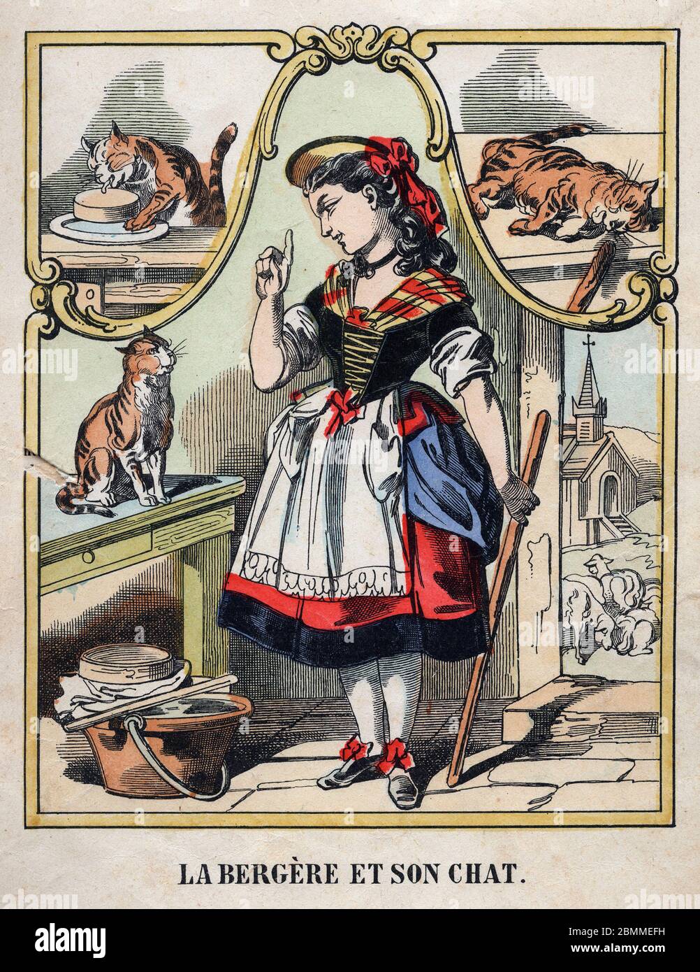 Illustration Anonyme de la chanson populaire francaise (comptine pour enfant) 'La bergere et son Chat' representant la jeune bergere mettant en Garde Stockfoto