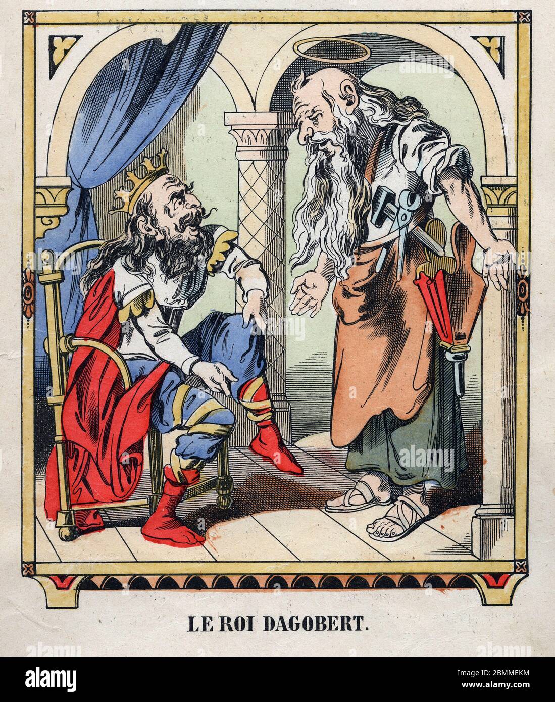Illustration Anonyme de la chanson populaire francaise (comptine pour enfant) 'Le roi Dagobert' representant le roi Dagobert Ier et saint Eloi de Noyo Stockfoto