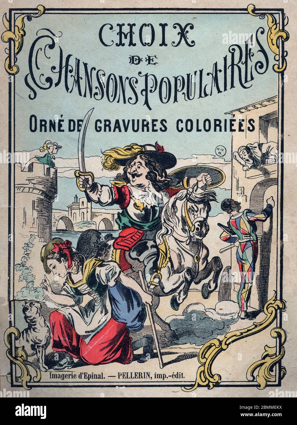 Couverture d'un recueil de chansons populaires francaises (comptines pour enfant) regroupant les differents personnages : Marlbrough, la bergere et so Stockfoto