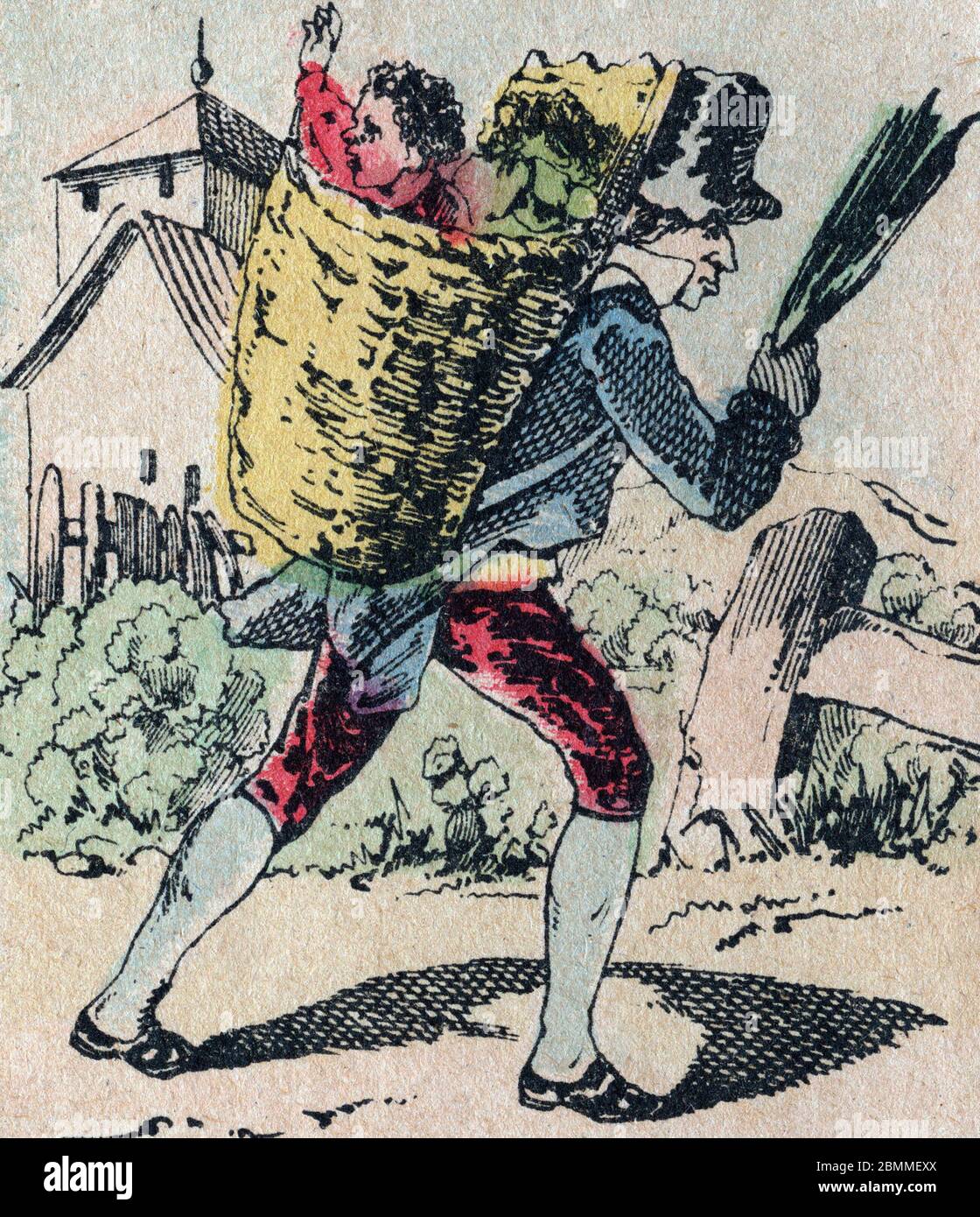 Le pere fouettard, personnage Legendaire du Folklore, punissant les enfants pas sages avec son fouet, les emmene dans sa hotte, image d'Epinal, 19eme Stockfoto