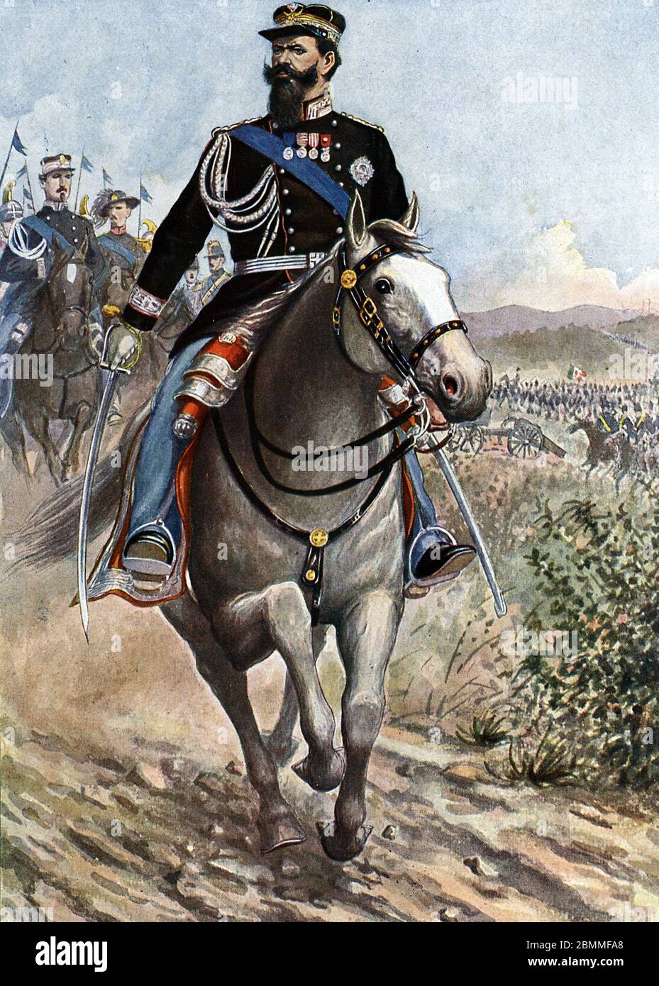 Guerre de Crimee : le roi Vittorio Emanuele (Victor-Emmanuel) II (1820-1878) passe en Revue ses troupes detinees a partir pour le Front Oriental, 14/ Stockfoto