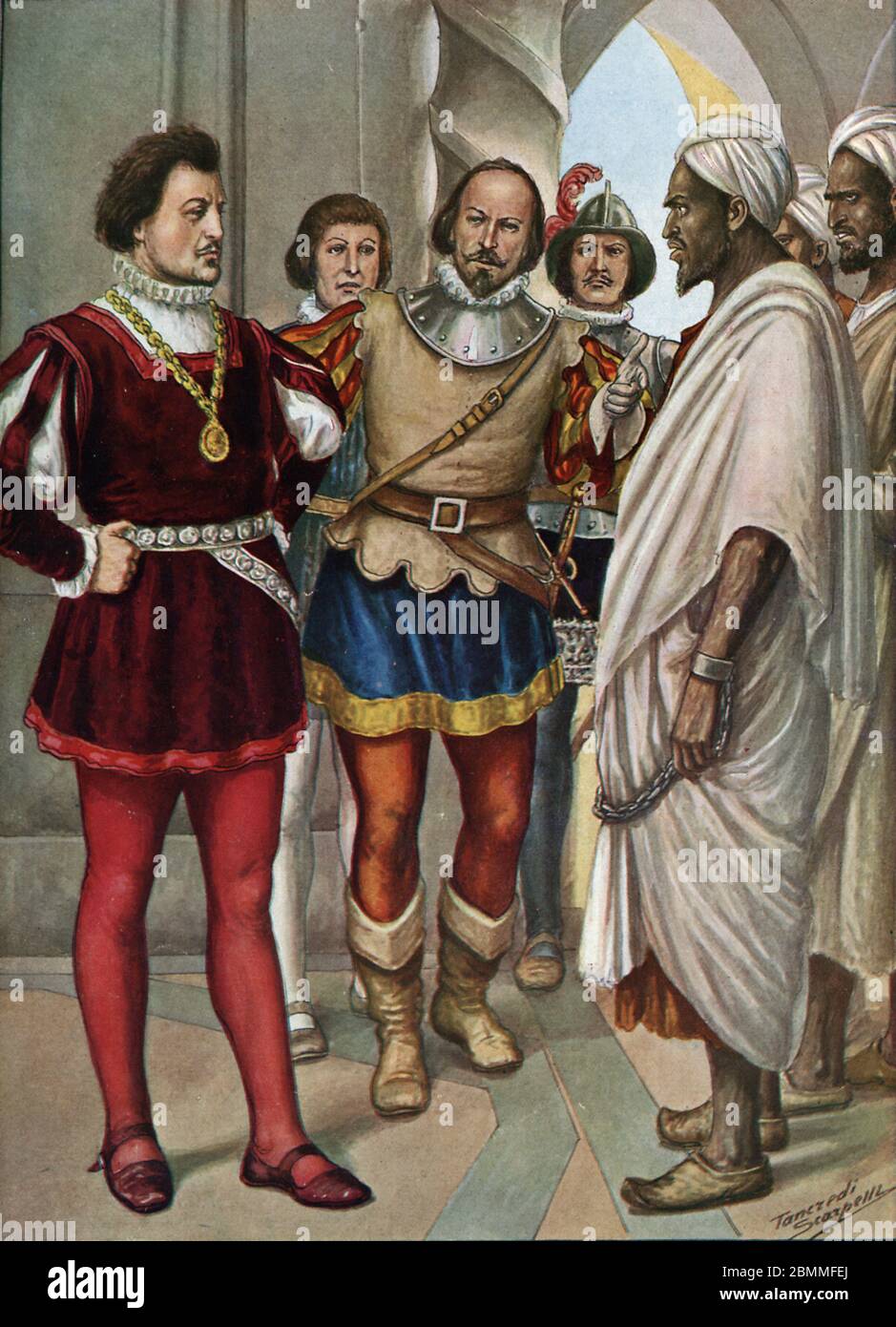 'Le Prince portugais et navigateur Henri le Navigateur (1394-1460) rencontre des prisonniers maures vers 1437' (Heinrich der Seefahrer mit maurischem Priso Stockfoto