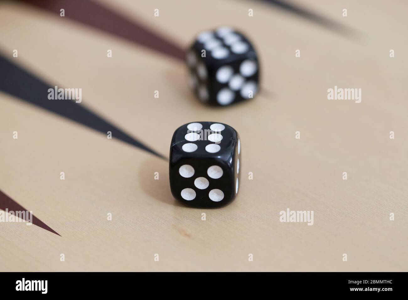 Würfelspiel auf Backgammon-Brett Stockfoto