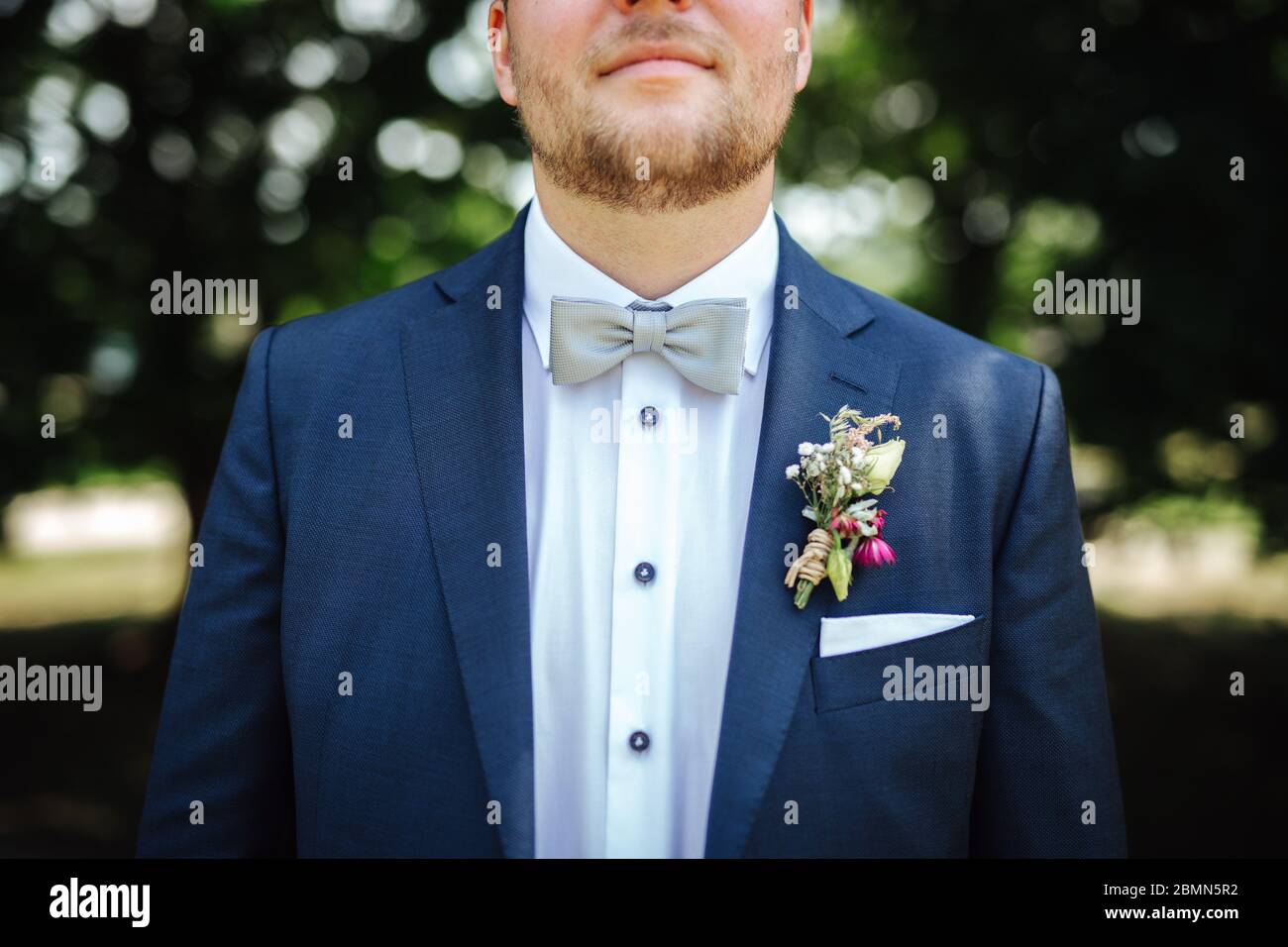 Bräutigam trägt eine Fliege bei einer Hochzeit Stockfotografie - Alamy