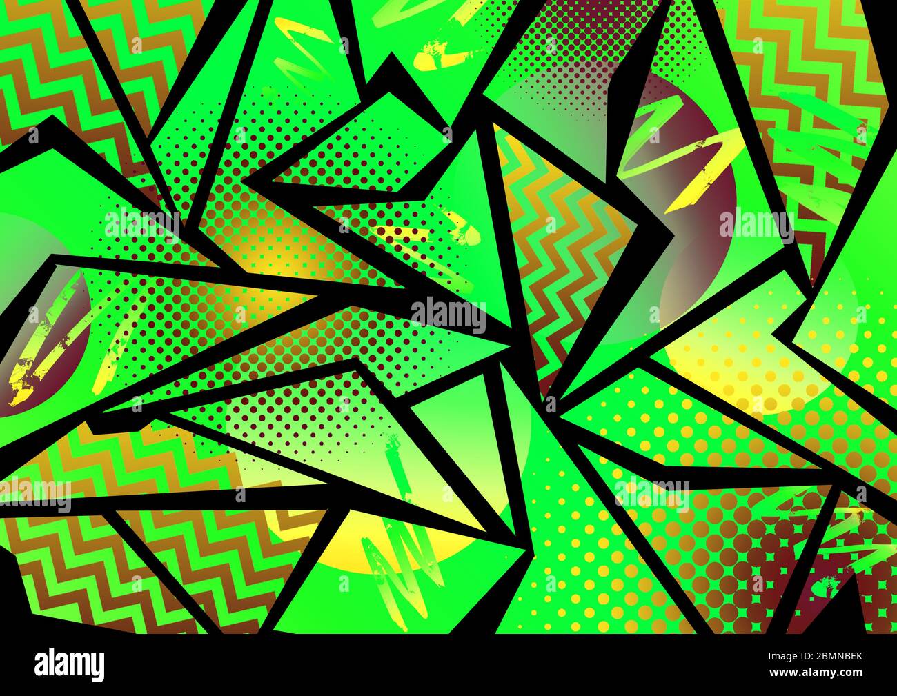Ein 80er/90er Jahre 80er/90er Jahre Stil lebendige gelb und grün Pop Art Effektdesign mit Zick Zack, Halbton und Gradienten Elemente Stockfoto