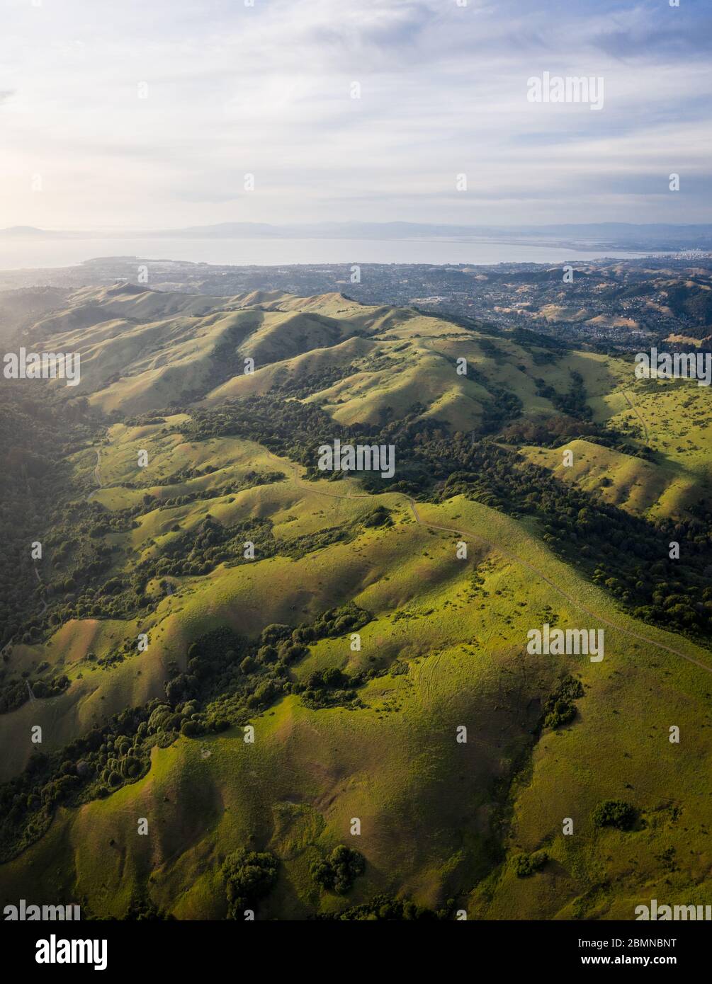 Sonnenlicht erhellt die grünen Hügel der East Bay. Westlich dieser ruhigen Hügel und Täler liegt die dicht besiedelte Gegend der San Francisco Bay. Stockfoto