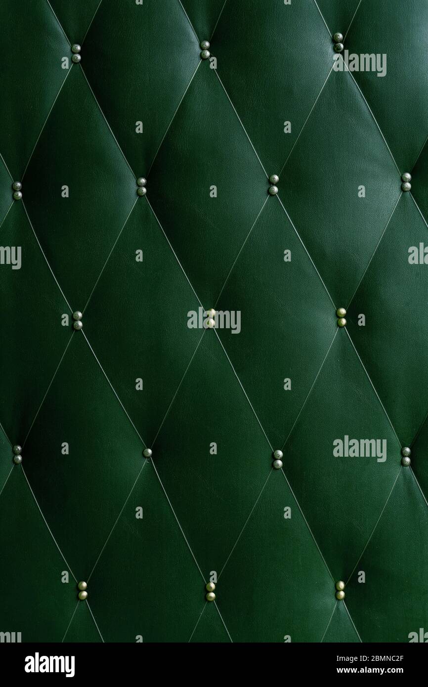 Sowjetische weiche grüne dermantine Haustür mit einem Banner von Angelschnur und Nägel - Vollformat Hintergrund und Textur Stockfoto