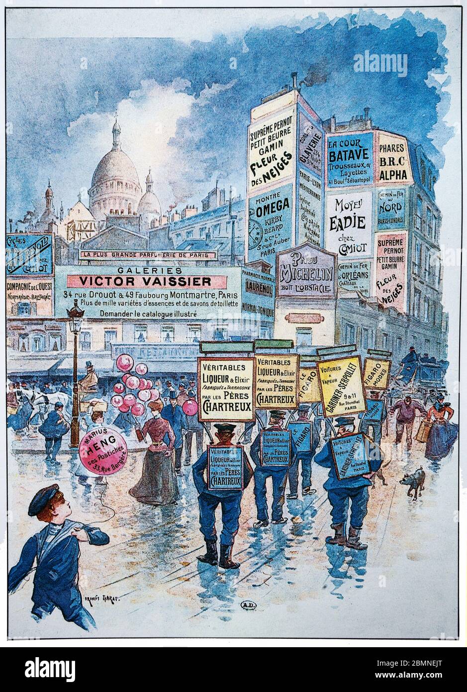 Ein Aquarell von Montmartre, Paris, Frankreich von Francis Garat (1853 - 1914), einem französischen Maler, der für seine malerischen Darstellungen der Pariser Architektur und Wahrzeichen in Aquarell und Öl bekannt ist. Seine Lieblingsthemen waren geschäftige Straßen, Parkszenen und das Nachtleben der typischen Pariser Cafés, indem er ein vorübergehendes Gefühl der Bewegung schuf. Stockfoto