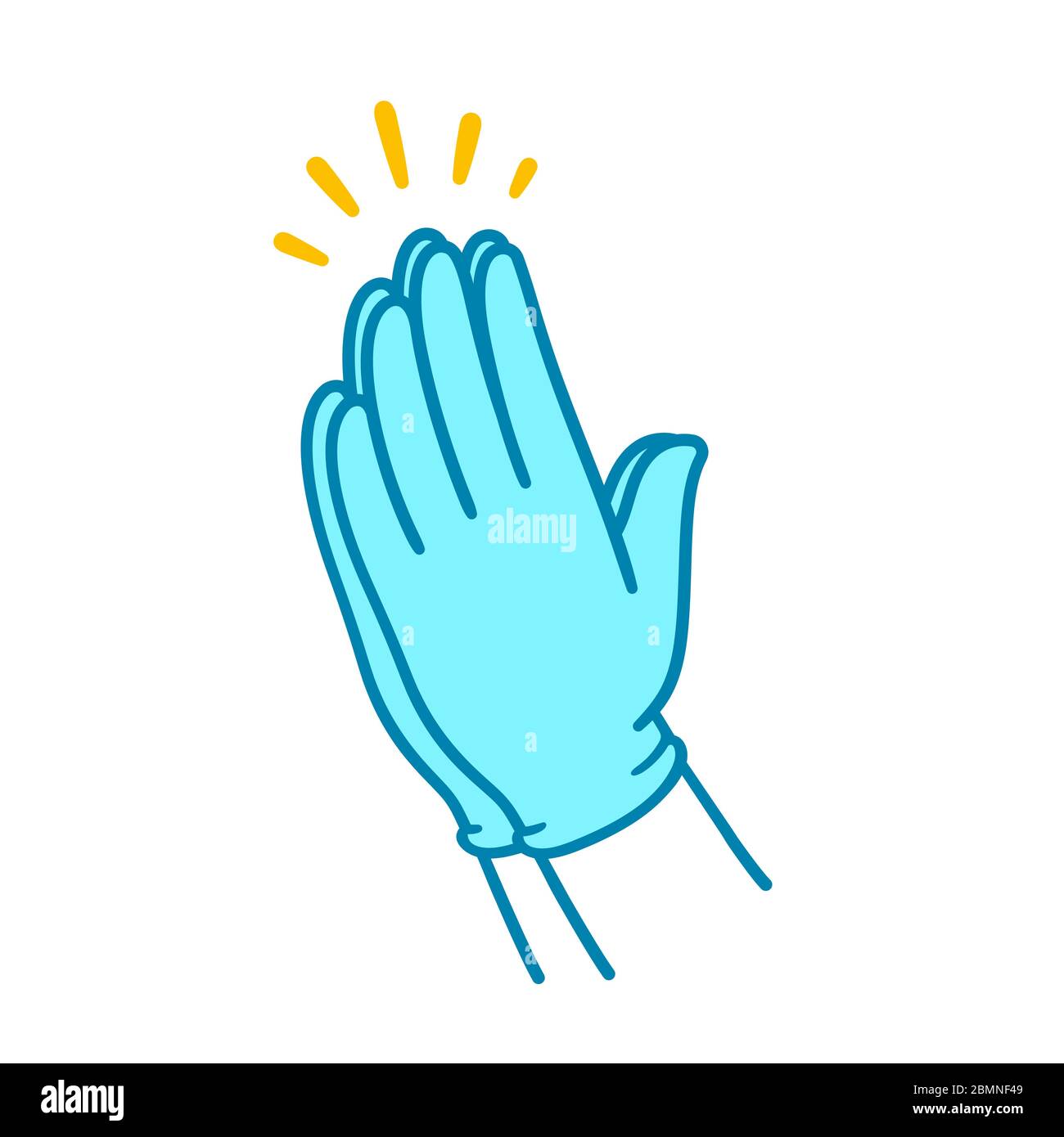 Betende Hände in blauen chirurgischen Latexhandschuhen, einfache Abbildung. Hände gefaltet in christlichen Gebet. Gesundheitsarbeiter, Ärzteberuf. Stock Vektor