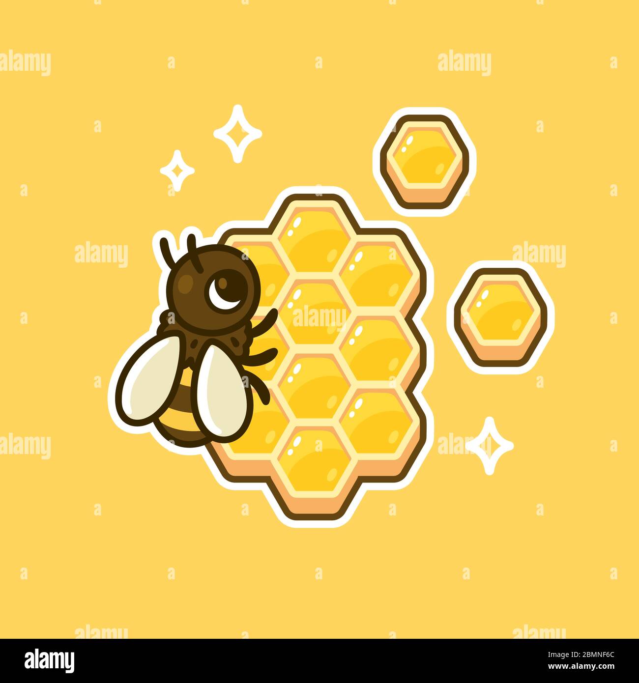 Nette Karikatur Honigbiene auf Wabe. Bienenzucht Vektor Clip Art Illustration. Stock Vektor