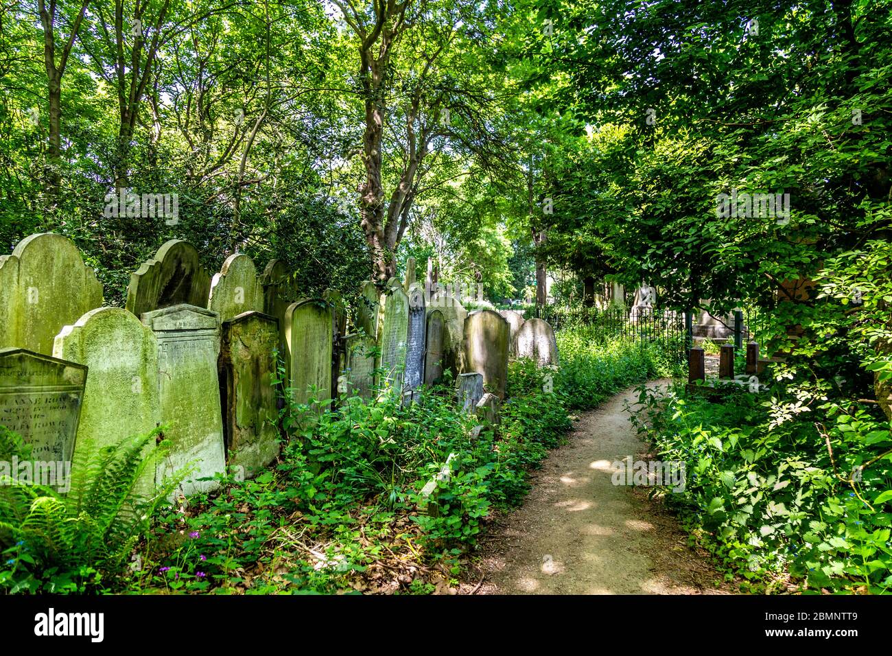 Pfad und Grabsteine im Victorian Tower Hamlets Cemetery Park, London, Großbritannien Stockfoto