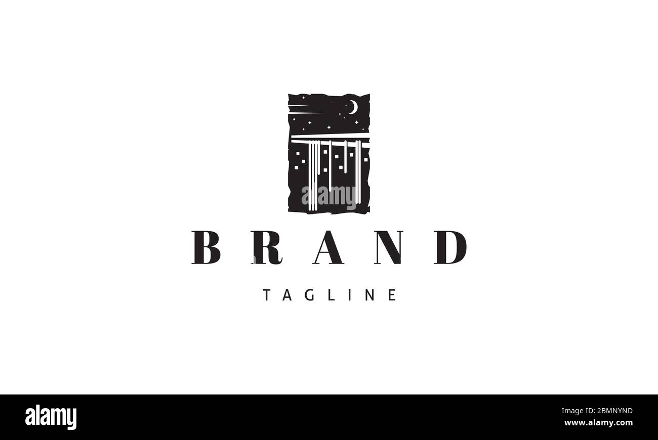 Vector schwarzes Logo, auf dem ein abstraktes Bild von Essstäbchen, von denen Nudeln hängen, ein allgemeiner Blick ähnelt einer Nachtstadt. Stock Vektor