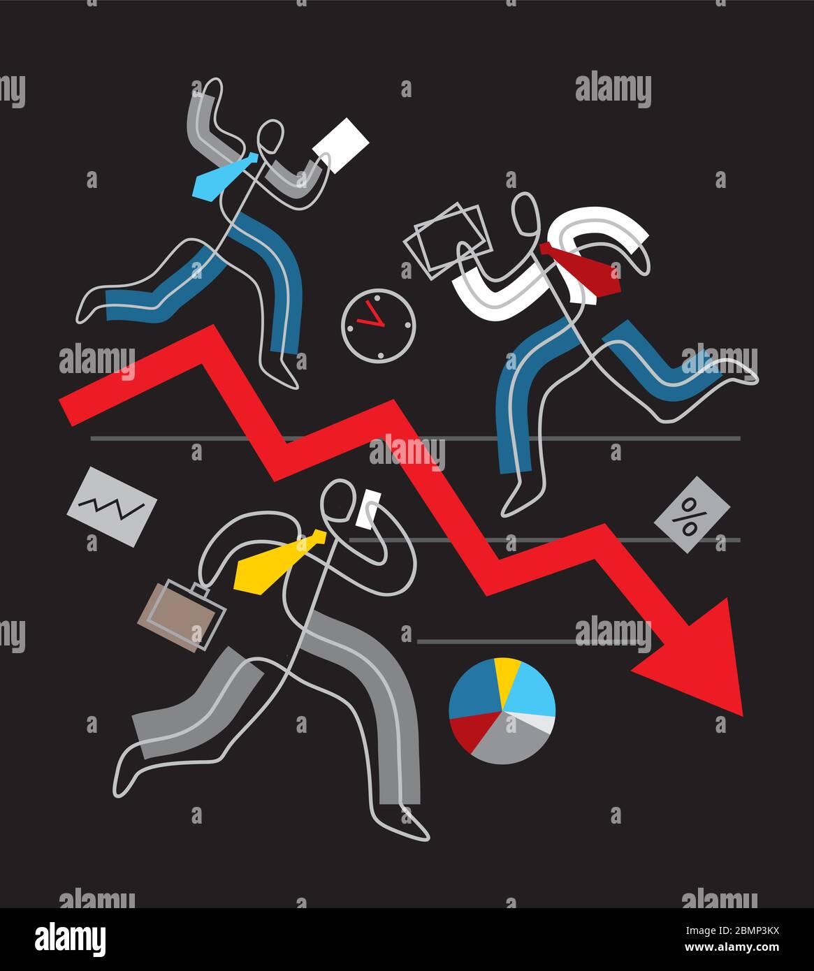 Abwärtspfeil, Konzept der Finanzkrise, Chaos im Geschäft. Drei Geschäftsleute in Stress läuft um roten Markt Pfeil. Lineart stilisiert. Stock Vektor