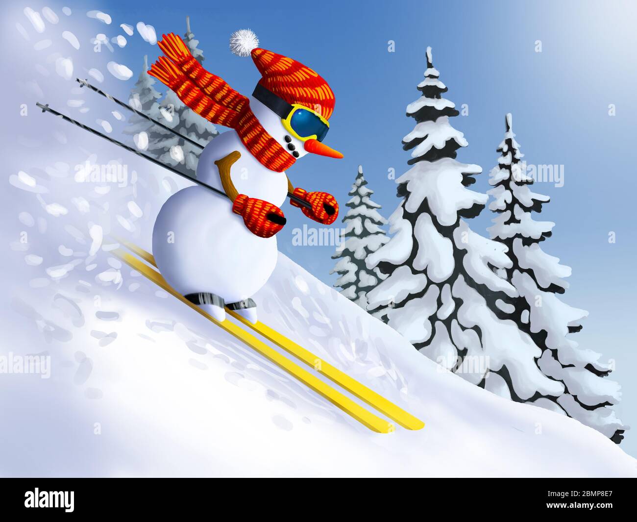 Schneemann Skifahrer extrem bergab vom Berg. Winter Holidays Weihnachten und Neujahr Illustrationen. Stockfoto