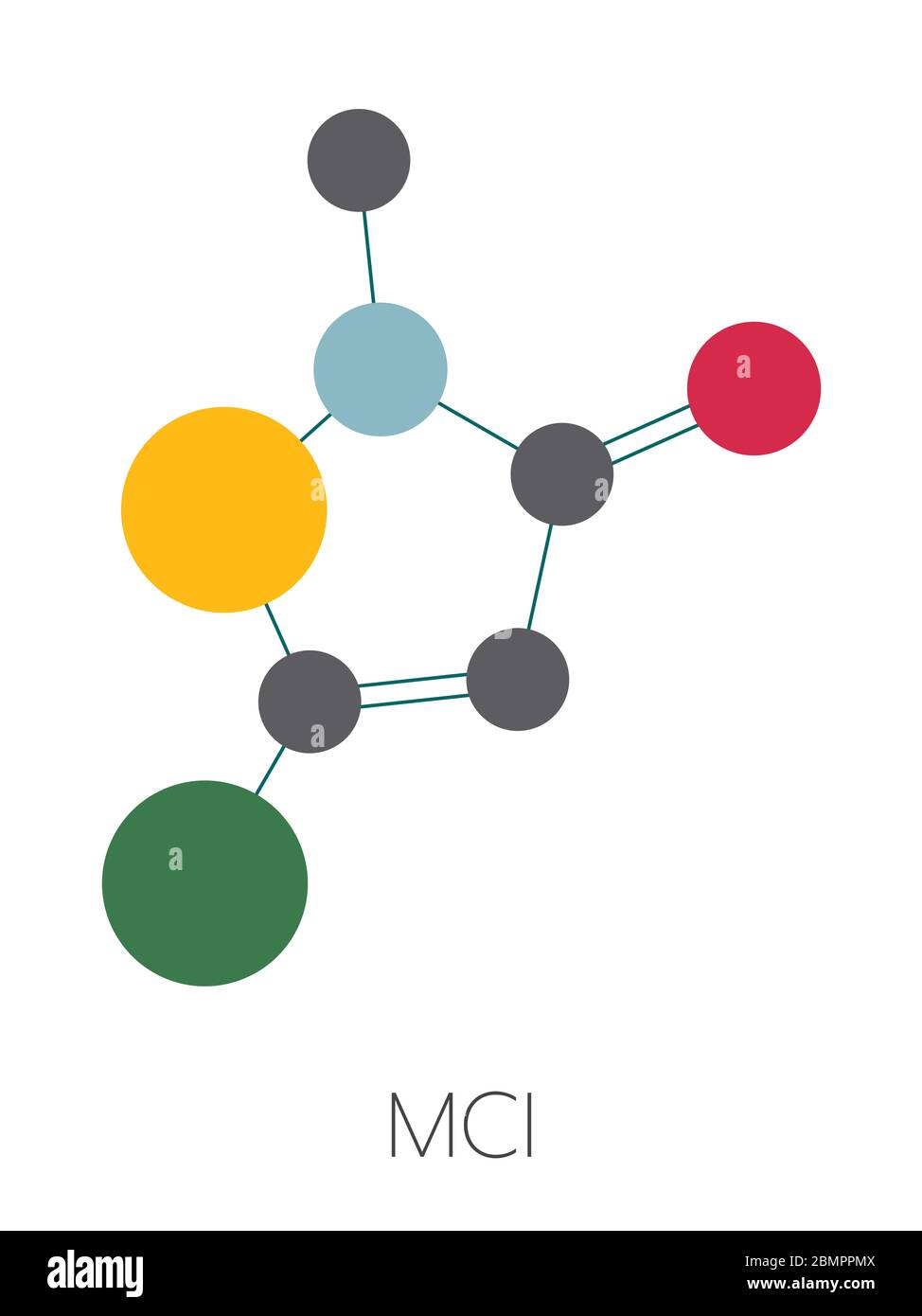Methylchloroisothiazolinon Konservierungsstoff Molekül, chemische Struktur. Häufig in wasserbasierten Produkten, z. B. Kosmetika, verwendet. Stilisierte Skelettformel (chemische Struktur): Atome werden als farbcodierte Kreise dargestellt: Wasserstoff (versteckt), Kohlenstoff (grau), Stickstoff (blau), Schwefel (gelb), Chlor (grün). Stockfoto