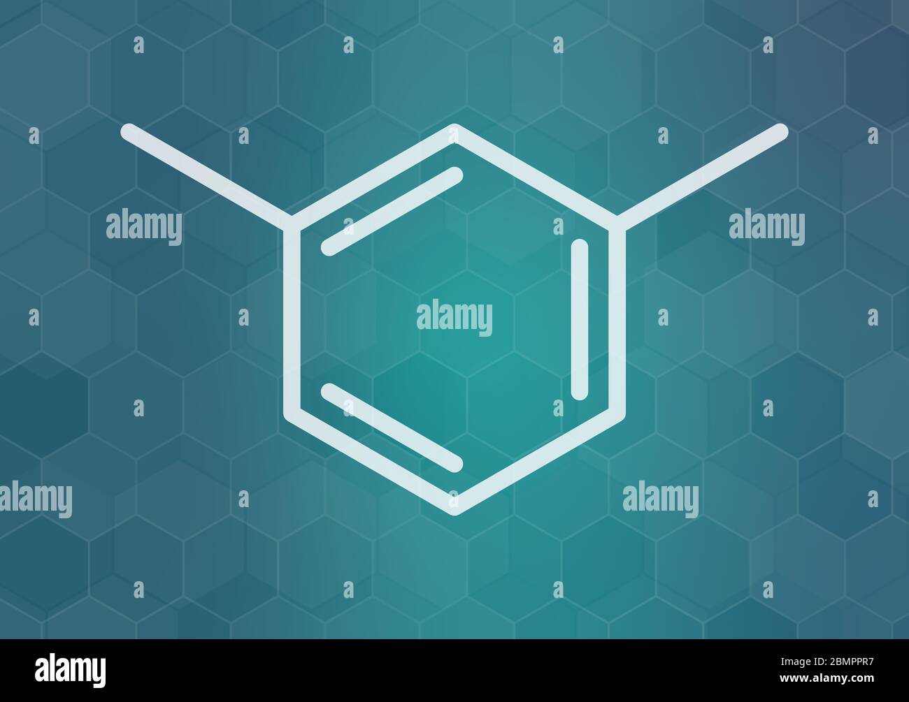 Meta-Xylol (m-Xylol) aromatische Kohlenwasserstoffe Molekül. Skelettmuskulatur Formel. Stockfoto