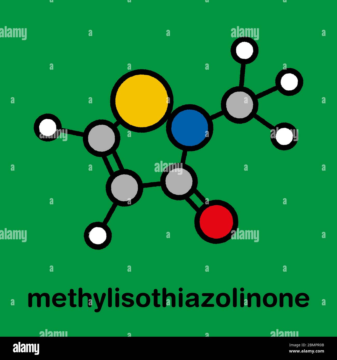 Methylisothiazolinon (mit, MI) Konservierungsstoff Molekül, chemische Struktur. Häufig in wasserbasierten Produkten, z. B. Kosmetika, verwendet. Stilisierte Skelettformel (chemische Struktur): Atome werden als farbcodierte Kreise dargestellt: Wasserstoff (weiß), Kohlenstoff (grau), Stickstoff (blau), Schwefel (gelb). Stockfoto