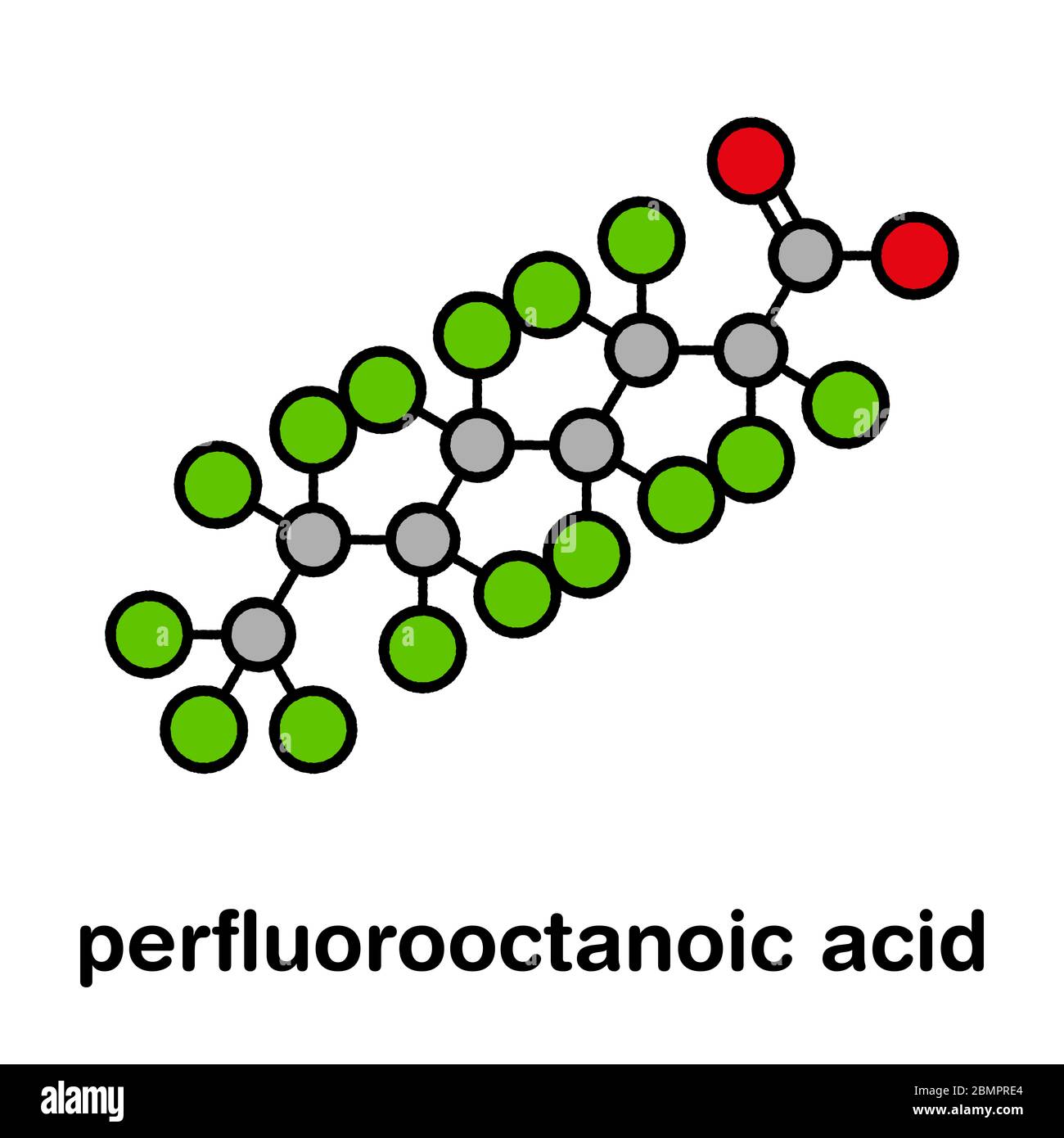 Perfluoroctansäure (PFOA, C8) Molekül. Wichtiger und dauerhafter  Schadstoff. Stilisierte Skelettformel (chemische Struktur): Atome werden  als farbcodierte Kreise dargestellt: Wasserstoff (versteckt), Kohlenstoff  (grau), Fluor (cyan), Sauerstoff (rot ...