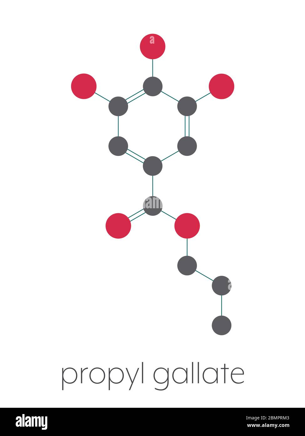Propylgallat antioxidative Lebensmittel Additiv Molekül. Stilisierte  Skelettformel (chemische Struktur): Atome werden als farbcodierte Kreise  dargestellt: Wasserstoff (versteckt), Kohlenstoff (grau), Sauerstoff (rot  Stockfotografie - Alamy