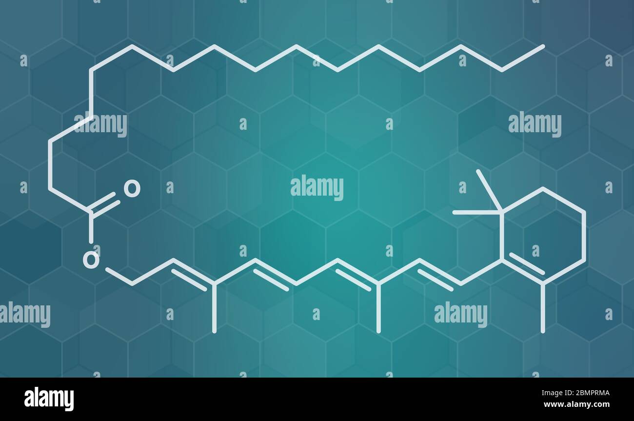 Retinyl Palmitate Vitamin supplement Molekül. Ester von Vitamin A (Retinol) und Palmitinsäure. Skelettmuskulatur Formel. Stockfoto