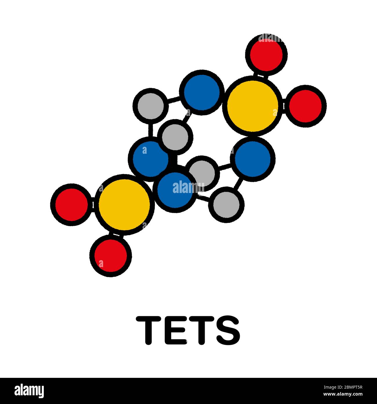 Tetramethylendisulfotetramin (TETS) Rodentizid-Molekül. Stilisierte Skelettformel (chemische Struktur): Atome werden als farbcodierte Kreise dargestellt: Wasserstoff (versteckt), Kohlenstoff (grau), Stickstoff (blau), Sauerstoff (rot), Schwefel (gelb). Stockfoto