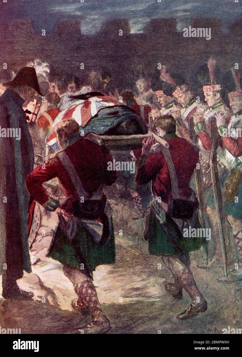 Generalleutnant Sir John Moore (1761-1809) war ein britischer Armeegeneral, der auch als Moore von Corunna bekannt war. Er ist vor allem für seine militärischen Trainingsreformen und für seinen Tod in der Schlacht von Corunna bekannt, in der er während des Peninsularkrieges eine französische Armee unter Marschall Soult abwehrte. Moore wurde in einem militärischen Mantel in den Wällen der Stadt begraben. Moores Beerdigung wurde in dem Gedicht "The Burial of Sir John Moore after Corunna" des irischen Dichters Charles Wolfe gedenkt. Stockfoto