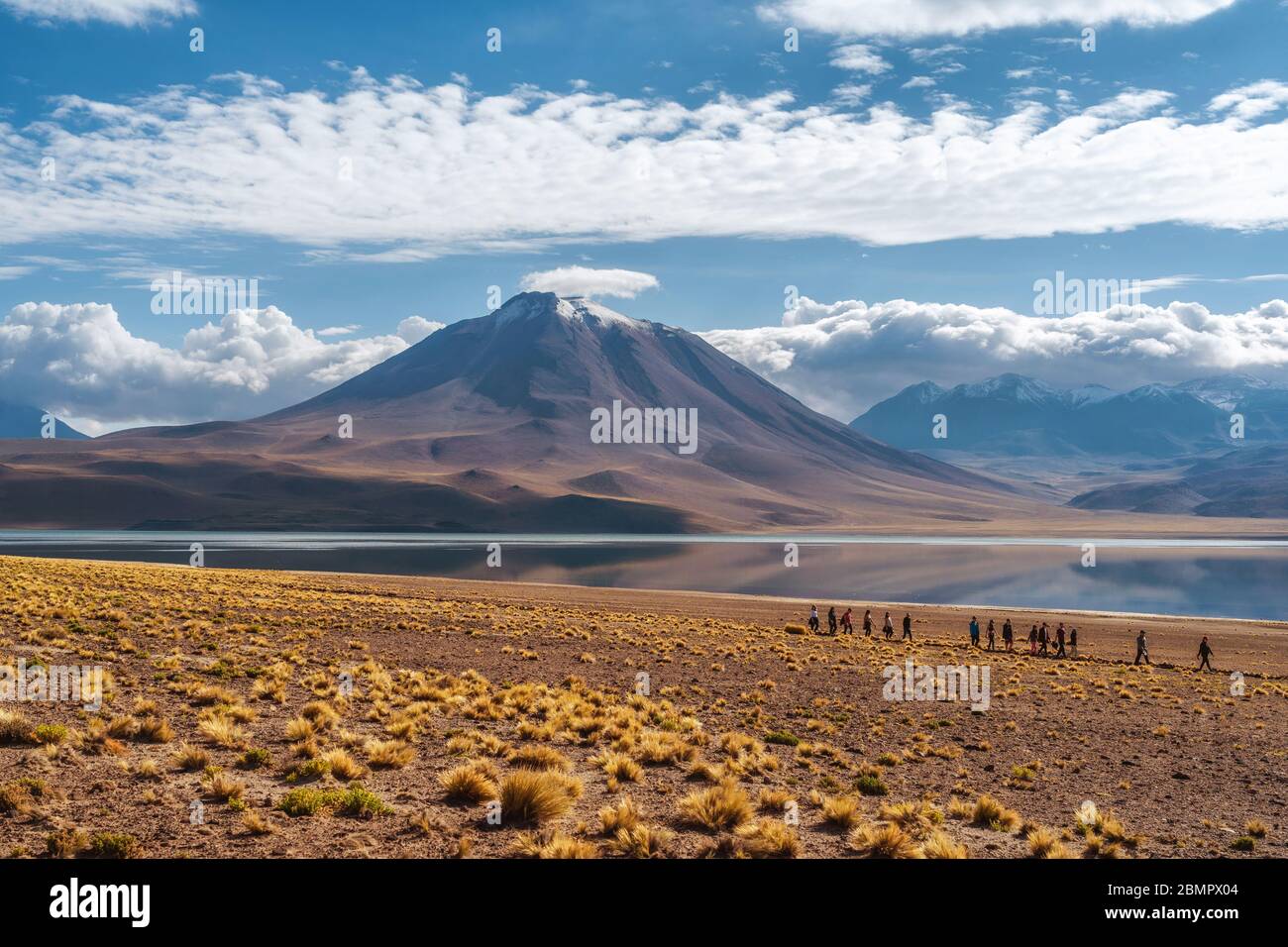 Touristen erkunden Miscanti See (Spanisch: Laguna Miscanti) in der Atacama Wüste, Nord-Chile, Südamerika. Stockfoto