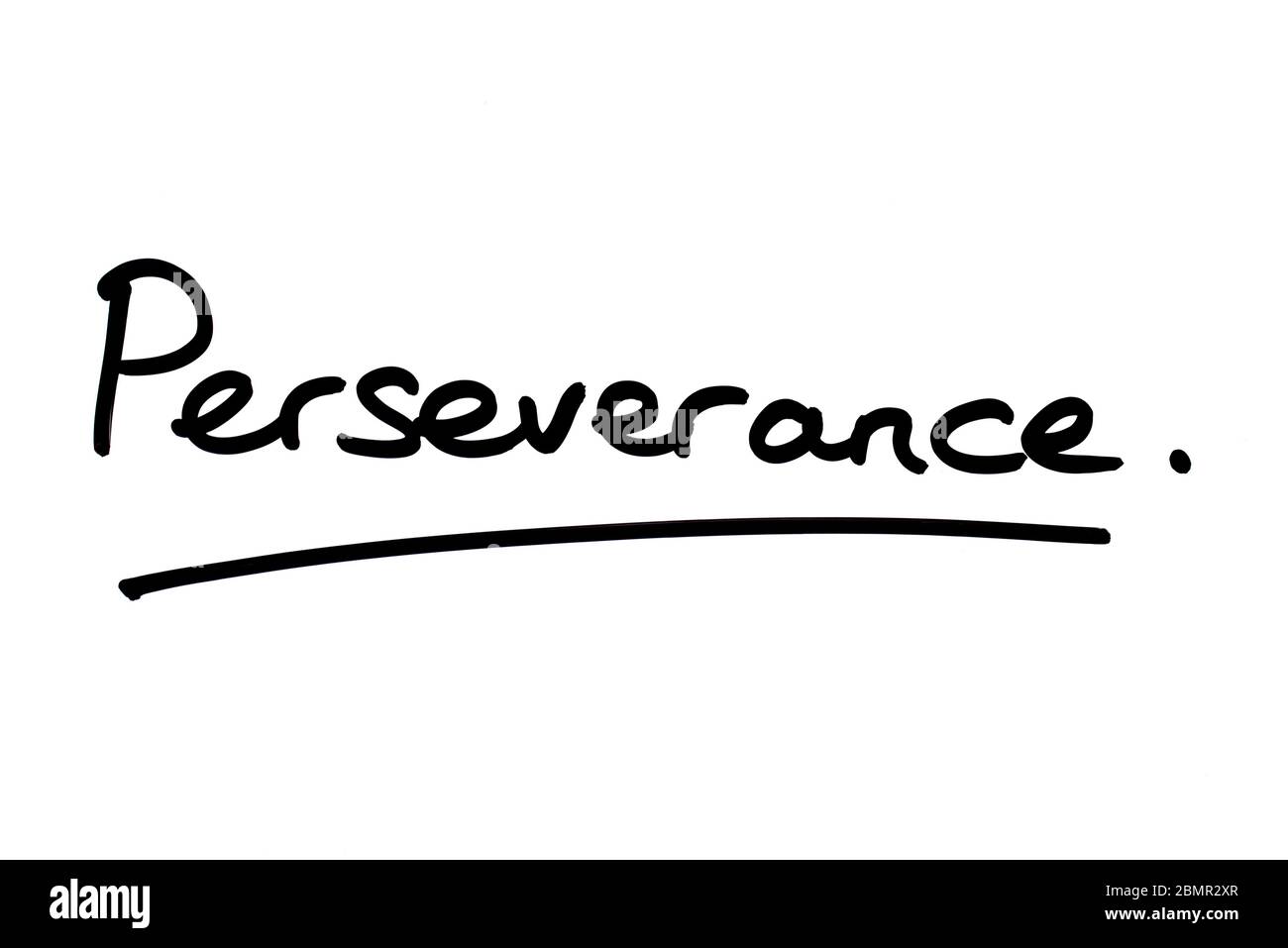 Beharrlichkeit handgeschrieben auf weißem Hintergrund. Stockfoto