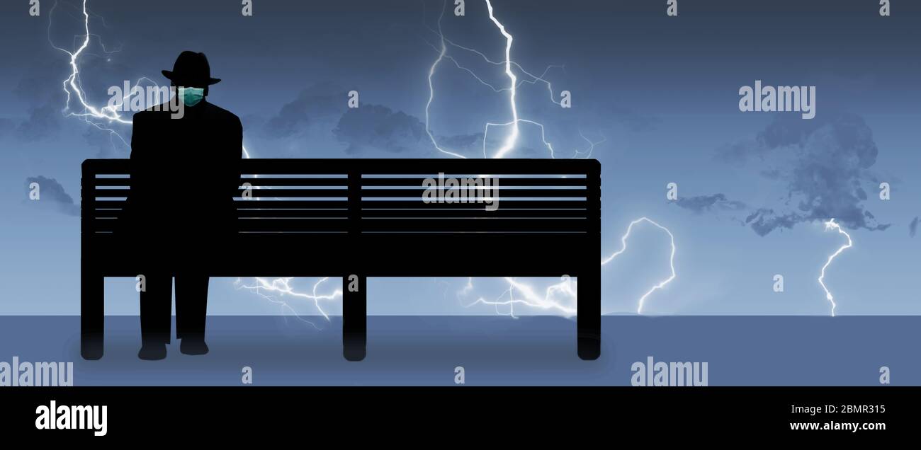 Ein älterer Mann in einer OP-Maske sitzt auf einer Bank in einem isolierten Bild. Stockfoto