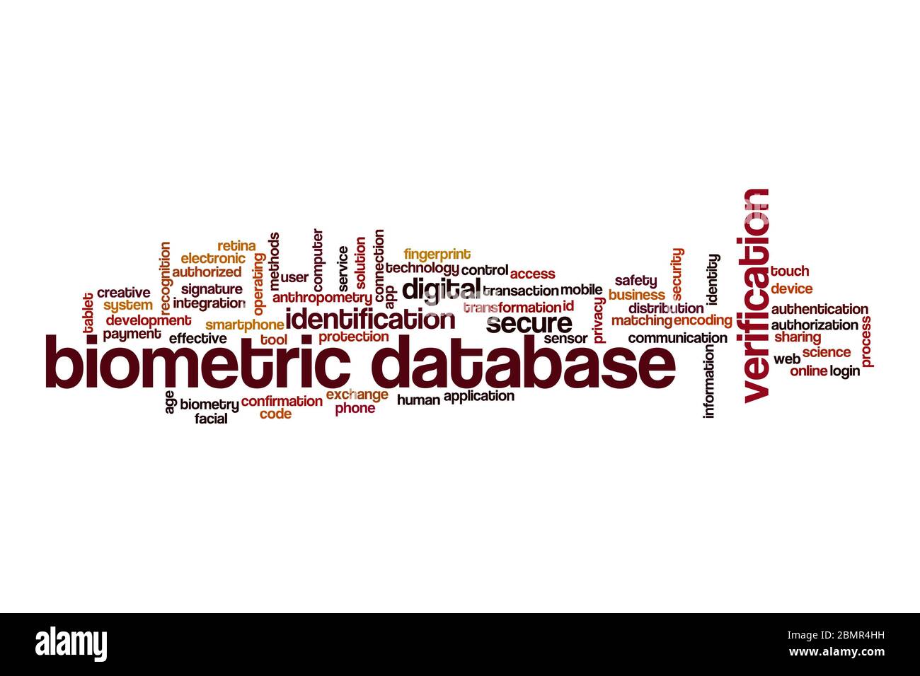 Biometrische Datenbank Wort Cloud Konzept auf weißem Hintergrund Stockfoto