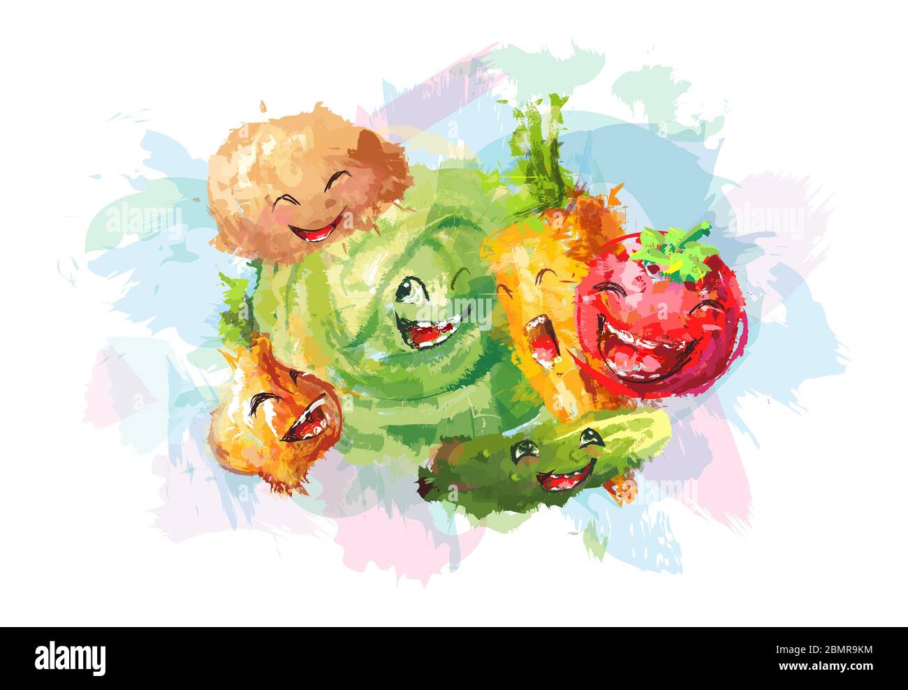 Aquarell Gemüse Set, Bio-Zutaten. Tomaten, Gurken, Kohl, Rüben, Kartoffeln, Karotten, Radieschen lächelnd auf weißem Hintergrund. Könnte Stockfoto