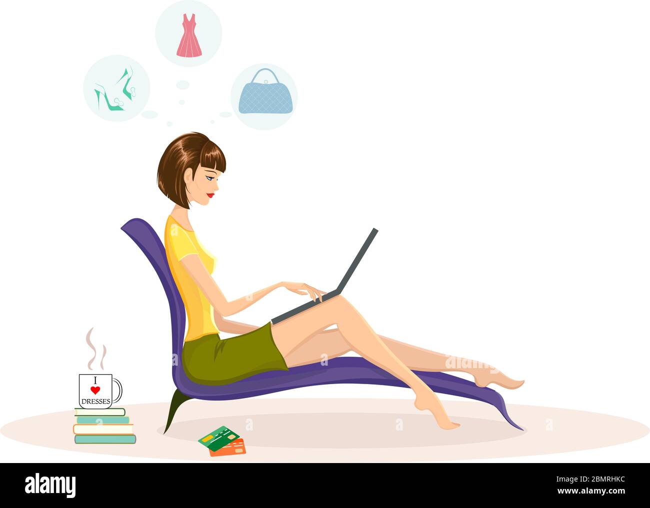 Frau, die Mode von ihrer Couch zu Hause einkaufen. Online-Shopping Konzept Vektor-Illustration Stock Vektor