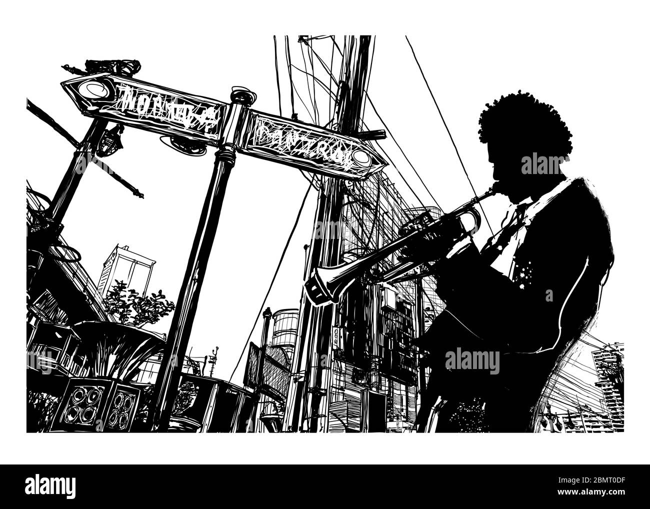 Jazz Trompeter über einem Stadtbild Hintergrund- Vektor-Illustration Stock Vektor